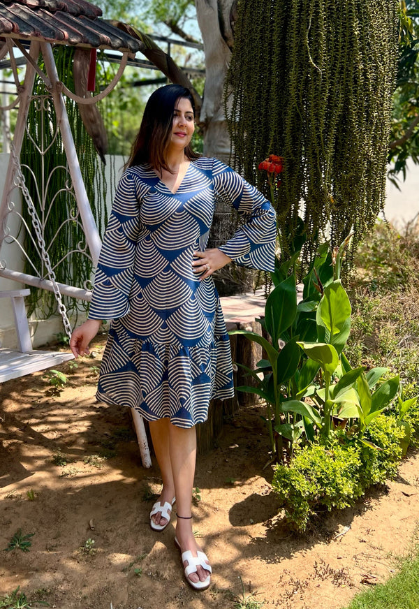 Blue Printed Cotton Georgette Dress