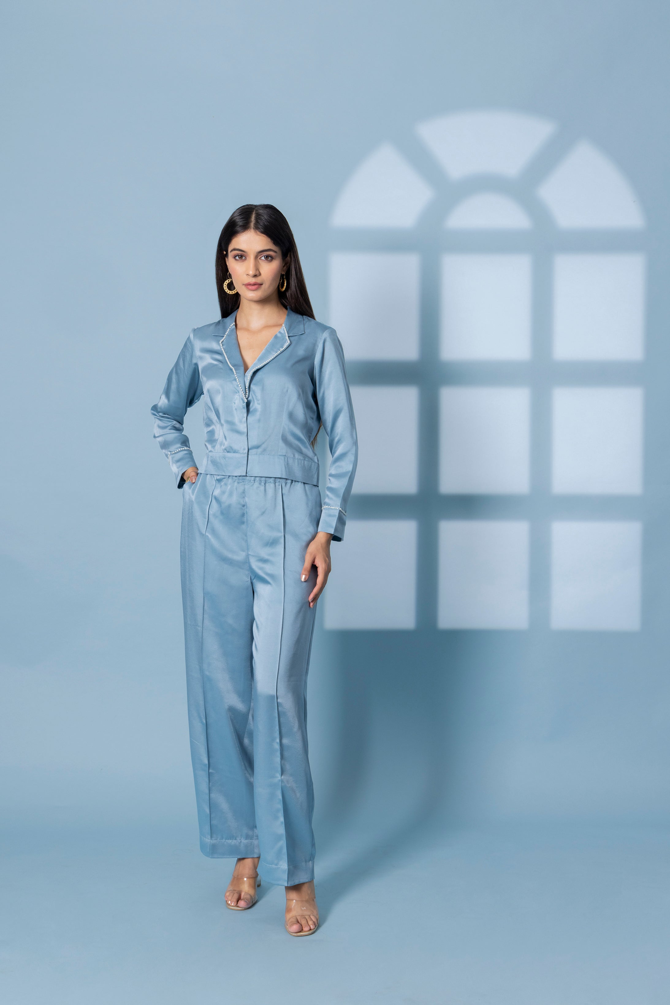 White & Blue Satin Pants Design by Rajdeep Ranawat at Pernia's Pop Up Shop  2024