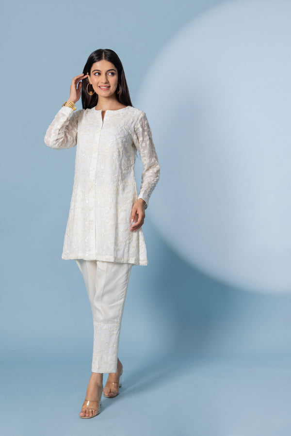 White Sequin Embroidered Kurta with Pants
