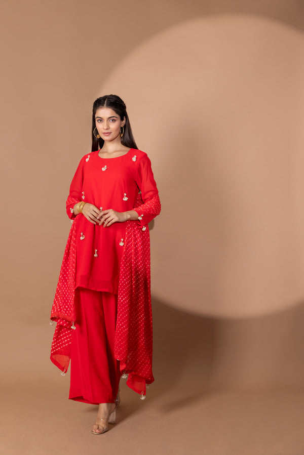 Red Georgette Suit Set with Pearl Latkans & Bandhani Dupatta