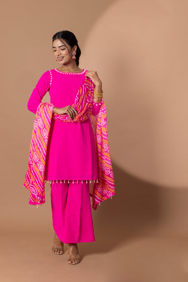 Pink Georgette Suit Set with Shell Details & Bandhani Dupatta