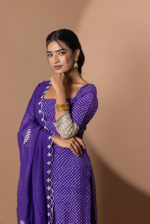 Purple Bandhani Embroideried Suit Set with Organza Dupatta