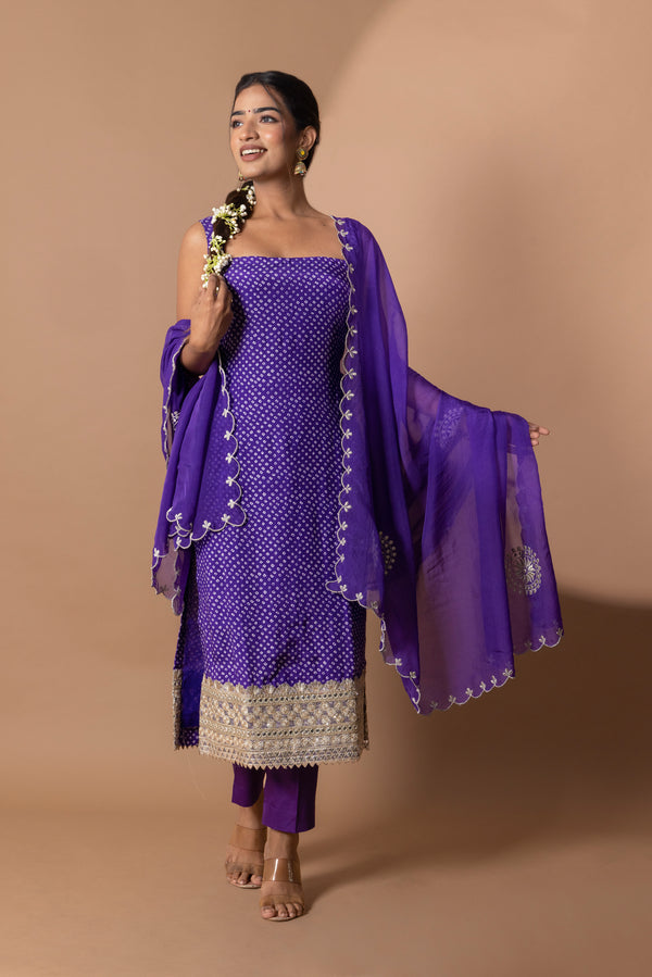 Purple Bandhani Embroideried Sleeveless Suit Set with Organza Dupatta