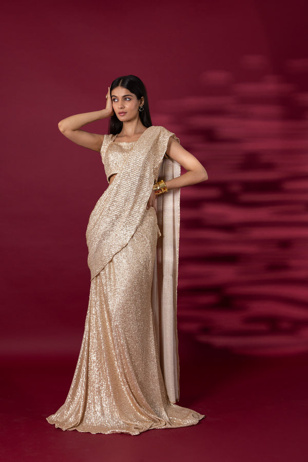 Gold Sequin Drape Saree with Attachable Pallu