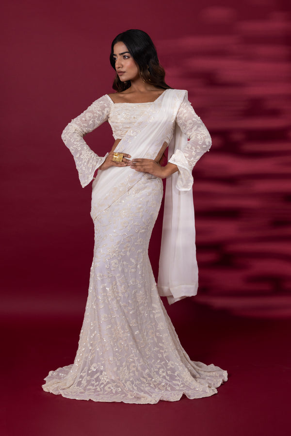 White Sequin Embroideried Drape Saree with Attachable Pallu