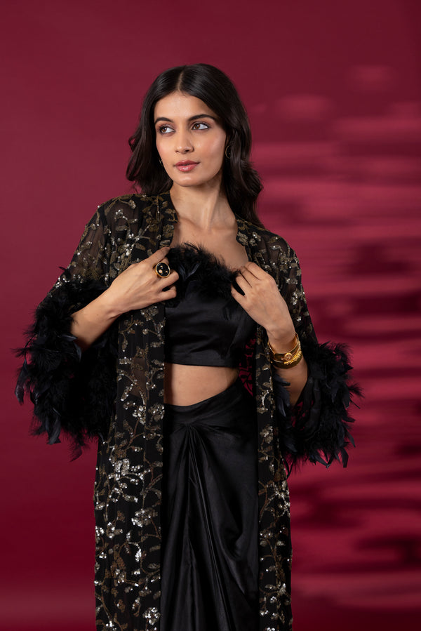 Black Sequin Embroideried Jacket with Feather Details