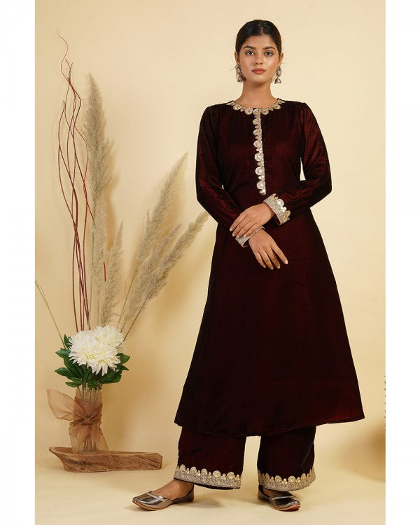 Maroon Velvet A-line Kurta with Lace details & palazzo pants