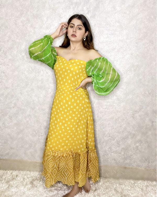 Yellow Bandhej Printed Midi Dress