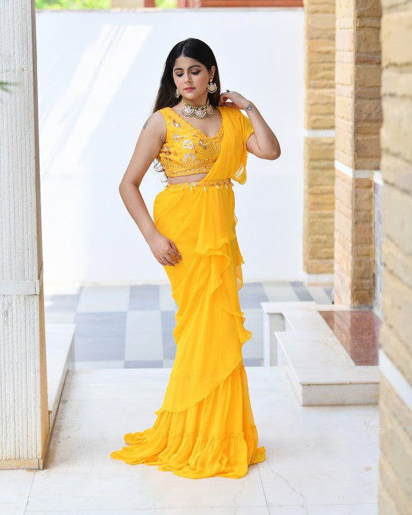 Yellow Pre-draped Sharara Saree with Embroidered Blouse