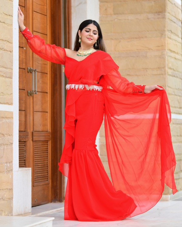 Scarlet Red Pre-draped Sharara Saree with Offshoulder Blouse