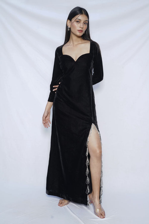 Black Maxi Dress With Embellished Slit