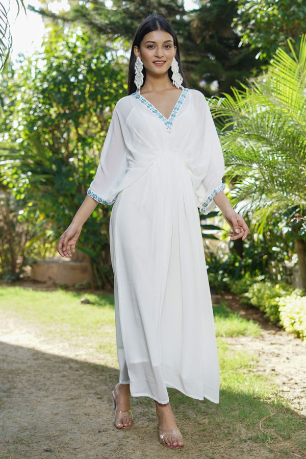 White Georgette kaftan with embroidered details