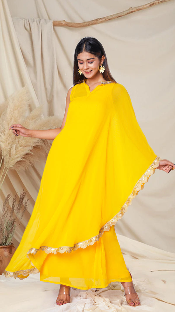 Yellow One Shoulder Indowestern Cape with Slip Dress