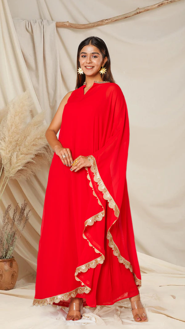 Red One Shoulder Indowestern Cape with Slip Dress