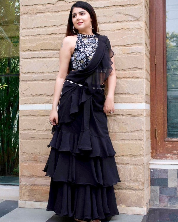 Black Pre-draped Ruffle Saree with Embroidered Blouse