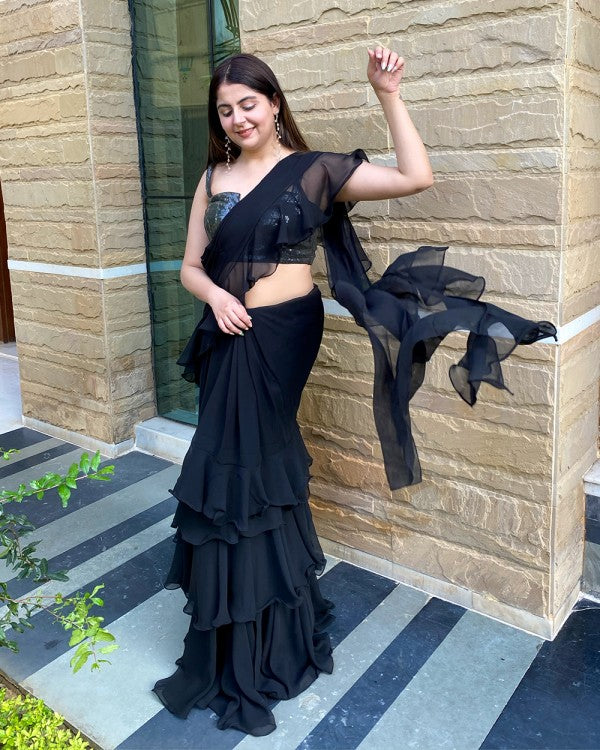 Black Organza Ruffle Saree Custom Made Party Wear Indo Western Dress  Designer Prestitched Saree for Women Dhoti Saree Drape Saree for Women -  Etsy