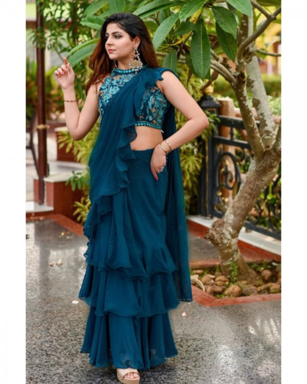 Navy Blue Pre-draped Ruffle Saree With Embroidered Blouse