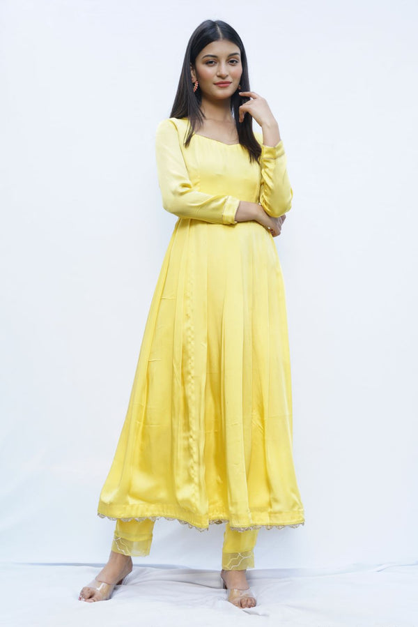 Lemon Yellow Anarkali suit set with pants and dupatta