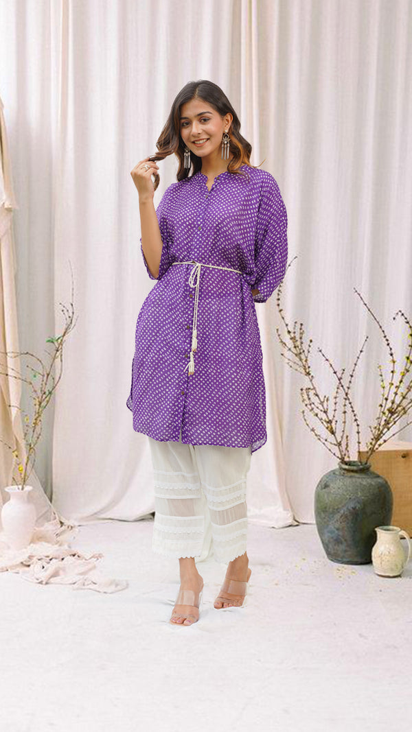 Purple Bhandej Print Kurta Dress with Dori Belt and Cotton Pants
