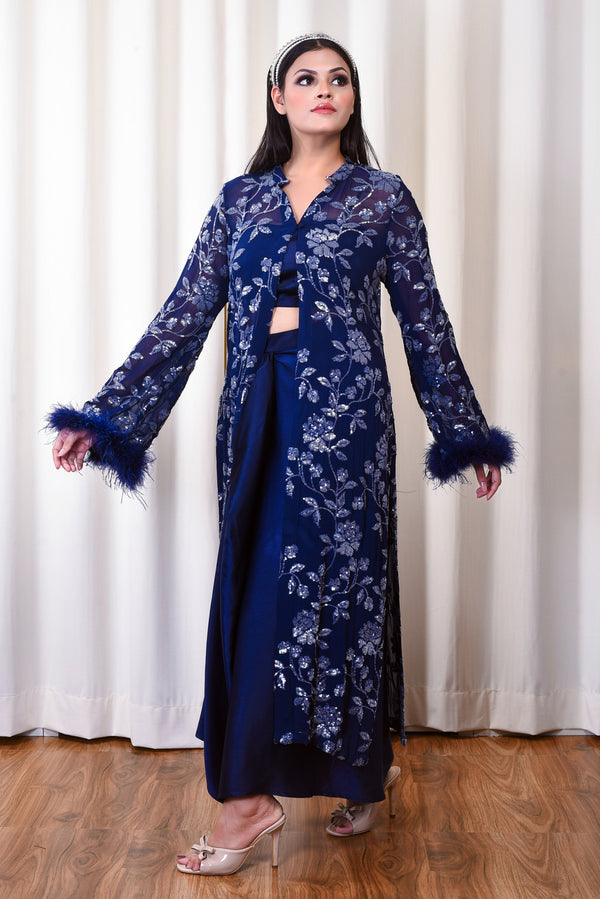 Royal Blue Sequin Georgette Jacket with Feather Details