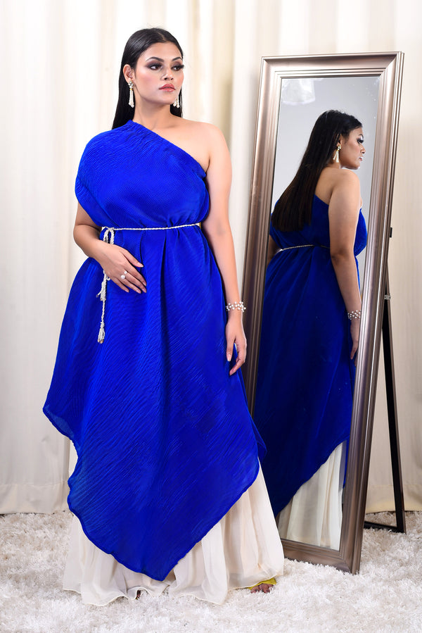 Electric Blue Pleated One Shoulder Dress with White Sharara Pants