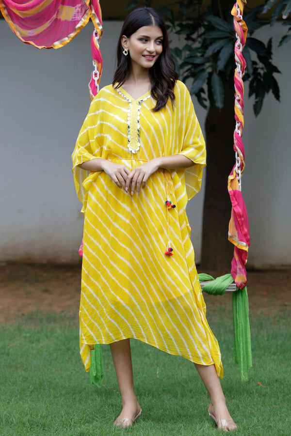 Yellow Leheriya Kaftan Dress