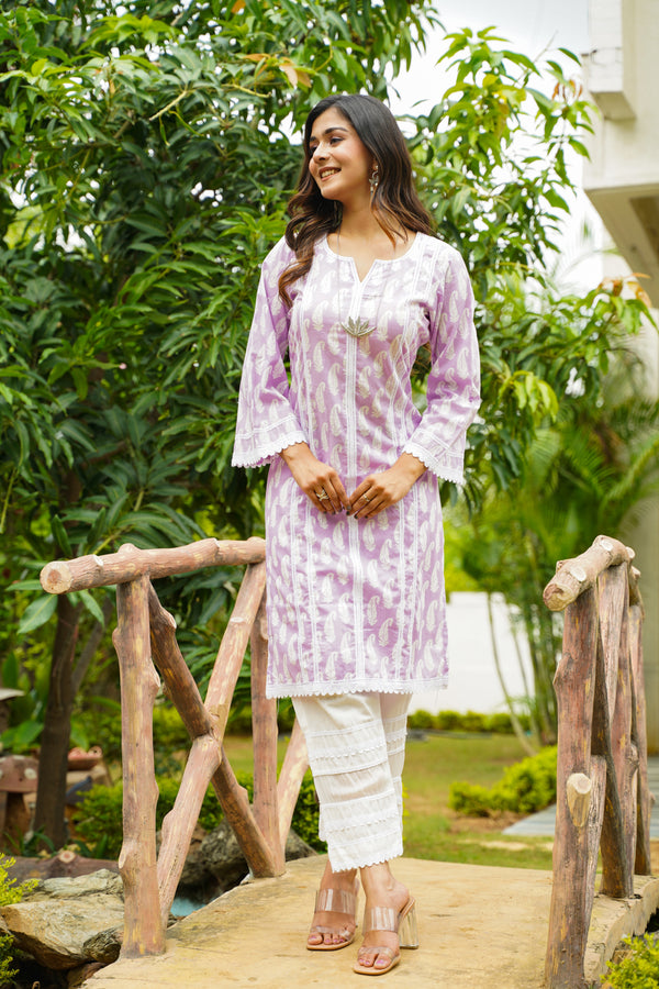 Bright Lavender Printed Cotton Kurti with Organza Panelled Cotton Pants