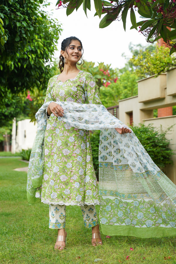 Green & White Block Print A-line Cotton Suit Set with Kota Doriya Dupatta