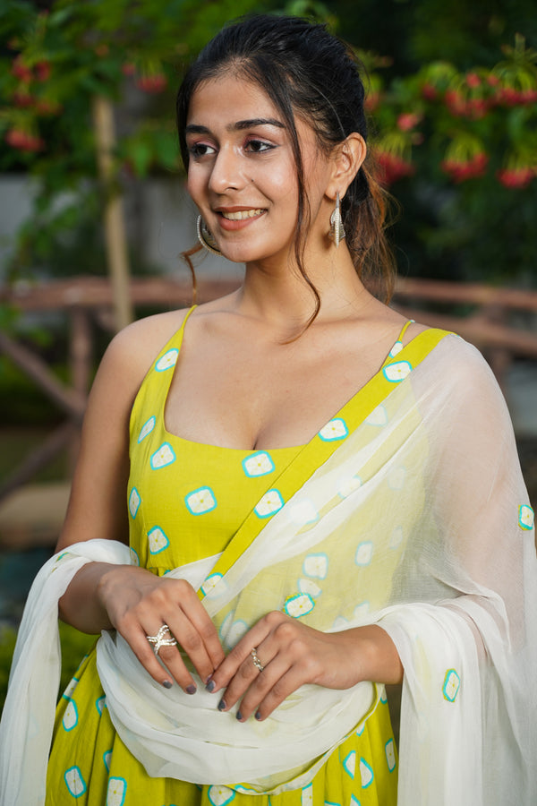 Chartreuse Green Printed Anarkali Sleeveless Kurti with Patchwork Dupatta Cotton