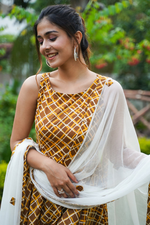 Brown & Mustard Printed Anarkali Sleeveless Cotton Kurti with Patchwork Dupatta