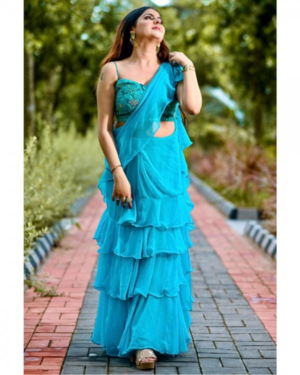 Tiffany Pre-draped Ruffle Saree with Embroidered Blouse
